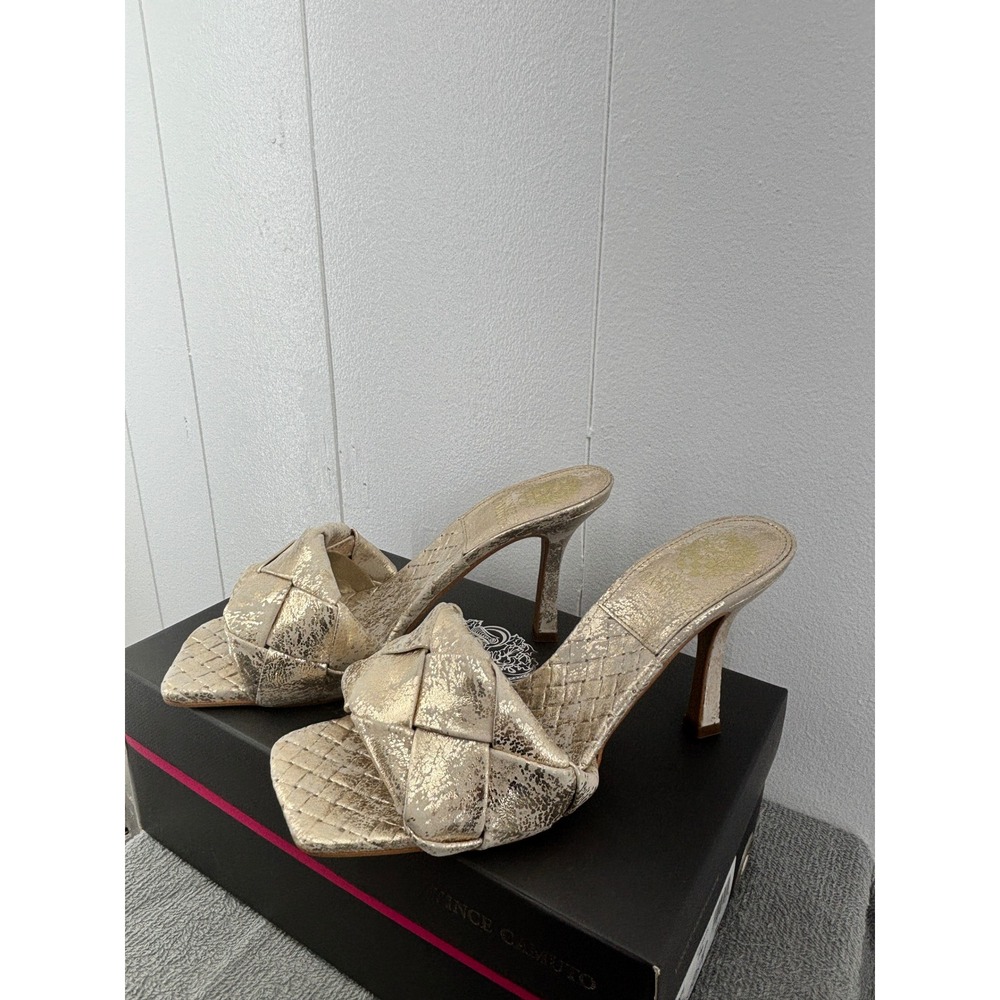Vince Camuto Gold Metallic Braided Square Toe Mules Heels 7M